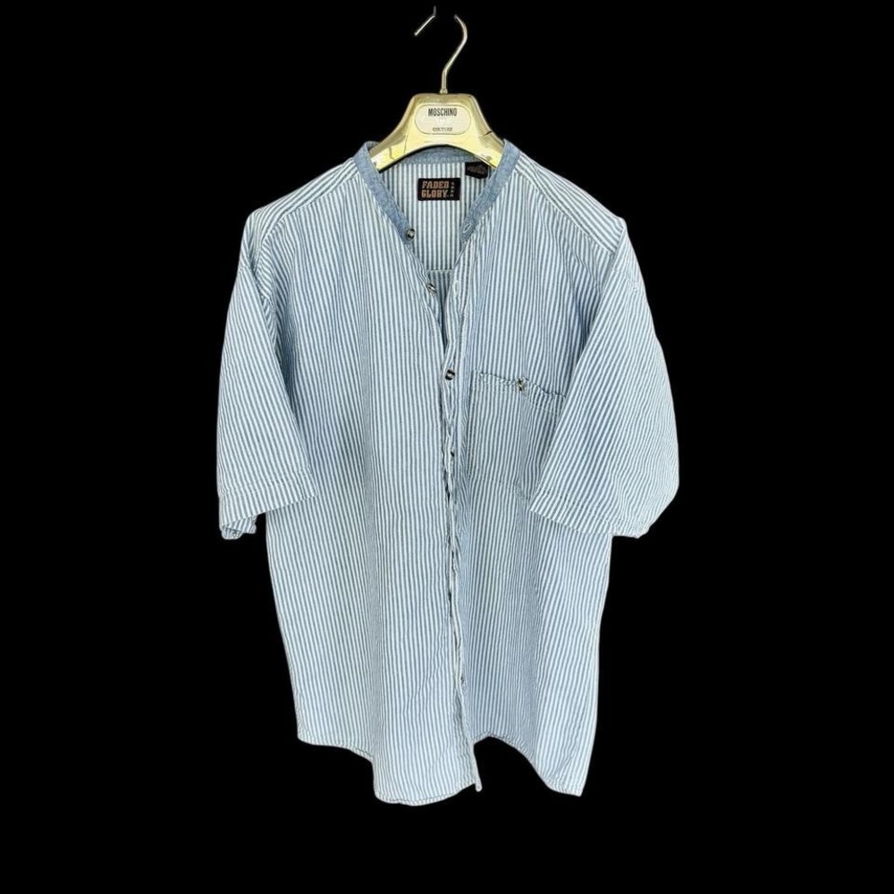 Vintage 90s Faded Glory Striped Shirt Blue Mandarin Collar Button Down Large